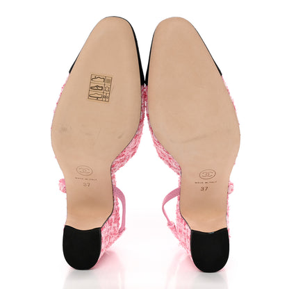 Chanel Tweed Grosgrain Cap Toe CC Slingback Pumps 37 Pink Black 5 of 13