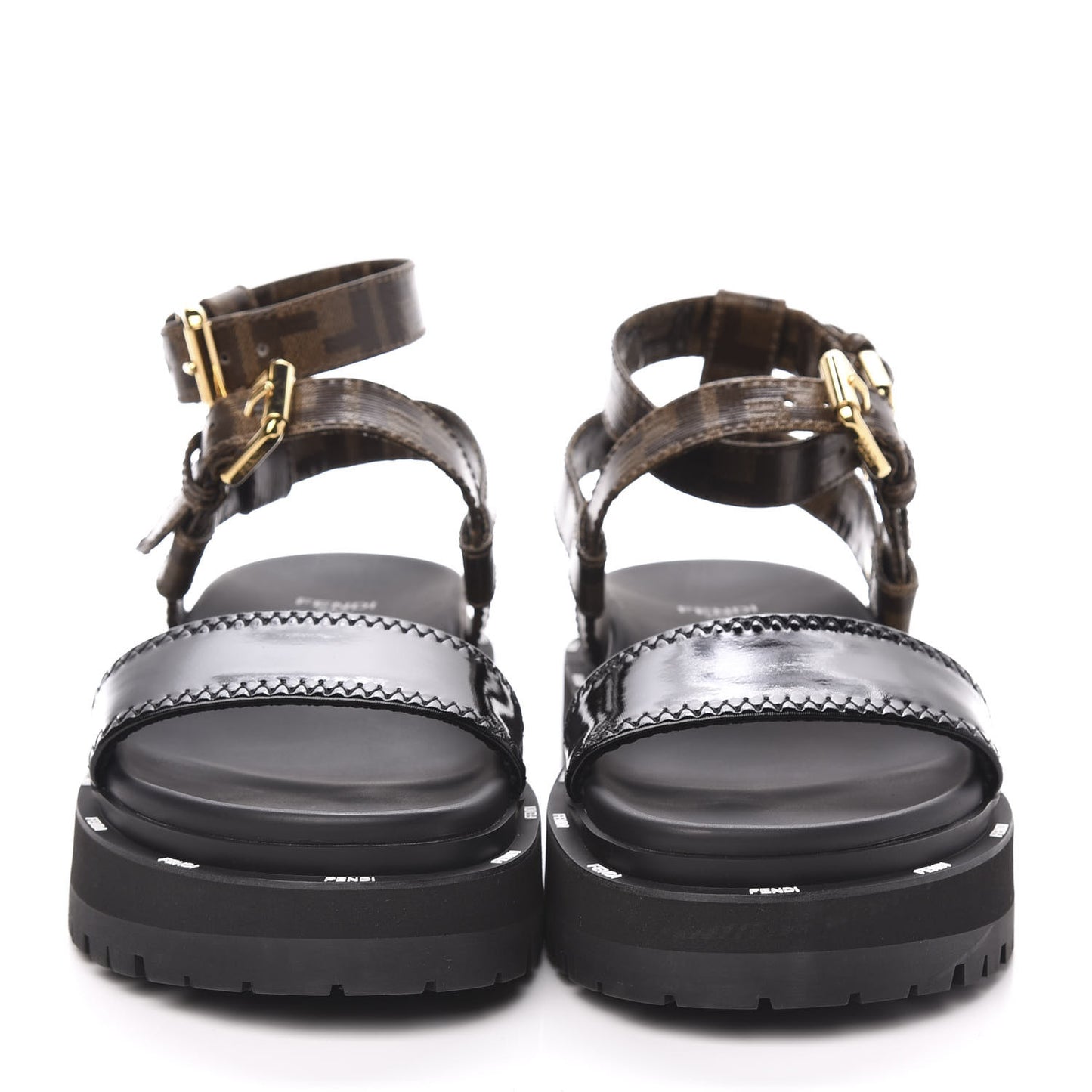 Vernice High-Tech Glazed Fabric FF Lug Sole Platform Sandals 37 Black Tobacco Moro