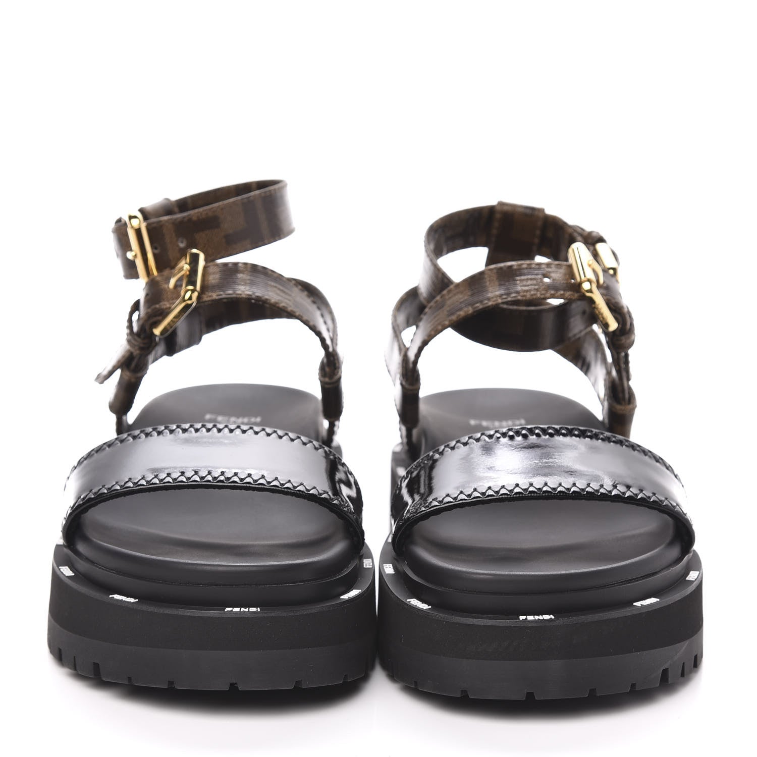 Fendi Vernice High-Tech Glazed Fabric FF Lug Sole Platform Sandals 37 Black Tobacco Moro 2 of 8