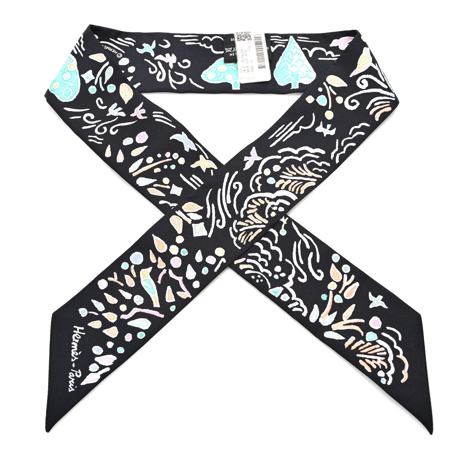Hermes Silk Isola Di Primavera Twilly Black Vert Rose 1 of 4