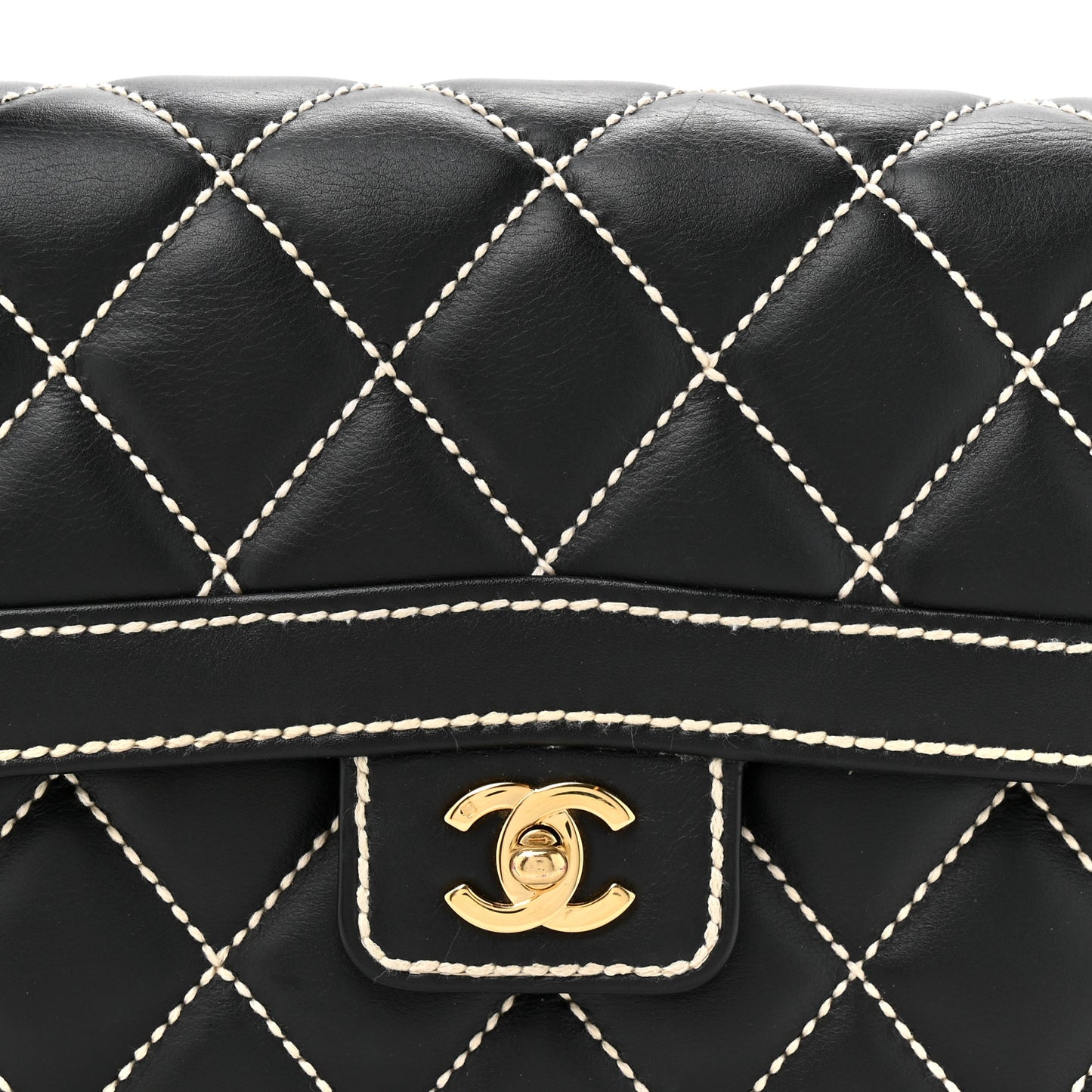Calfskin Quilted Wild Stitch Large Top Handle Flap Black