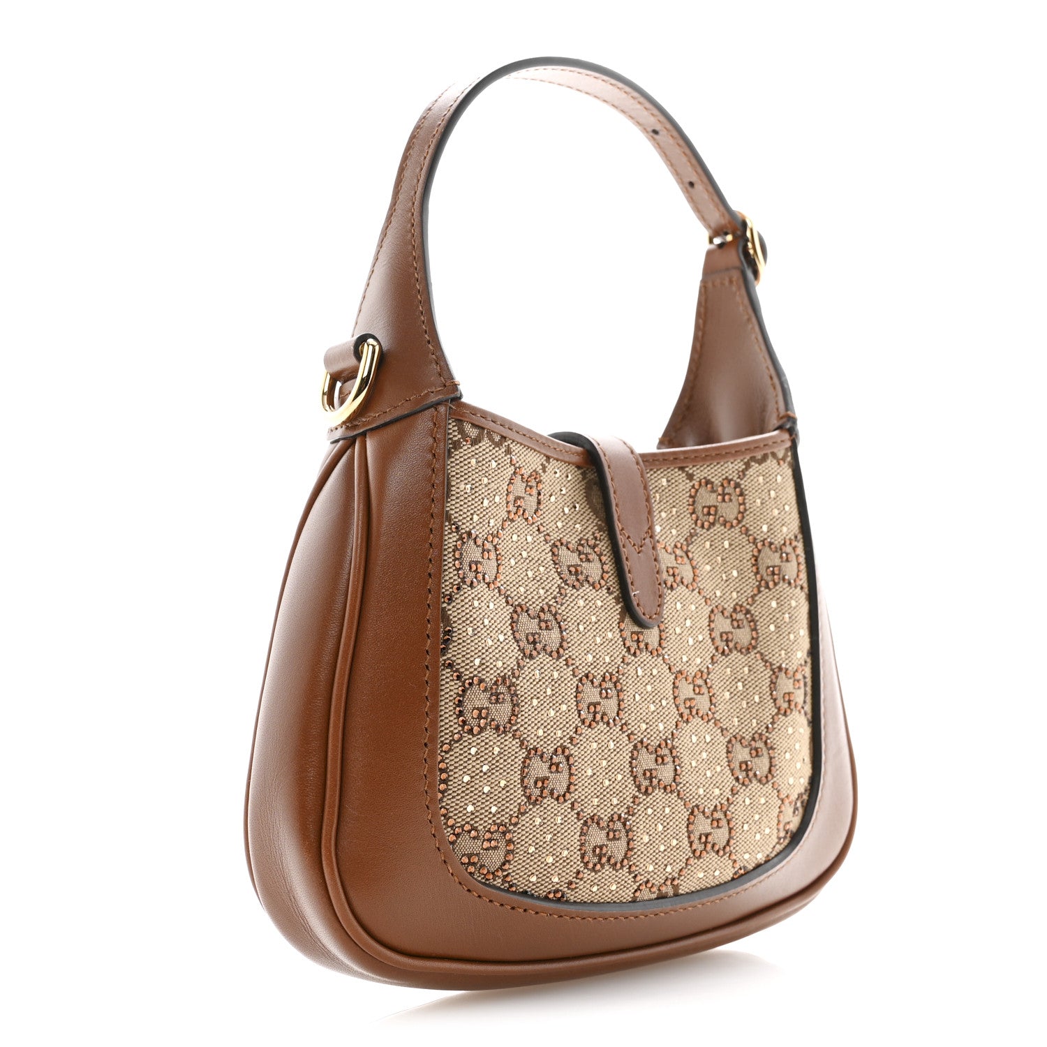 Gucci New Canvas Charisma Calfskin Crystal GG Monogram Mini Jackie 1961 Hobo Camel Ebony 3 of 11