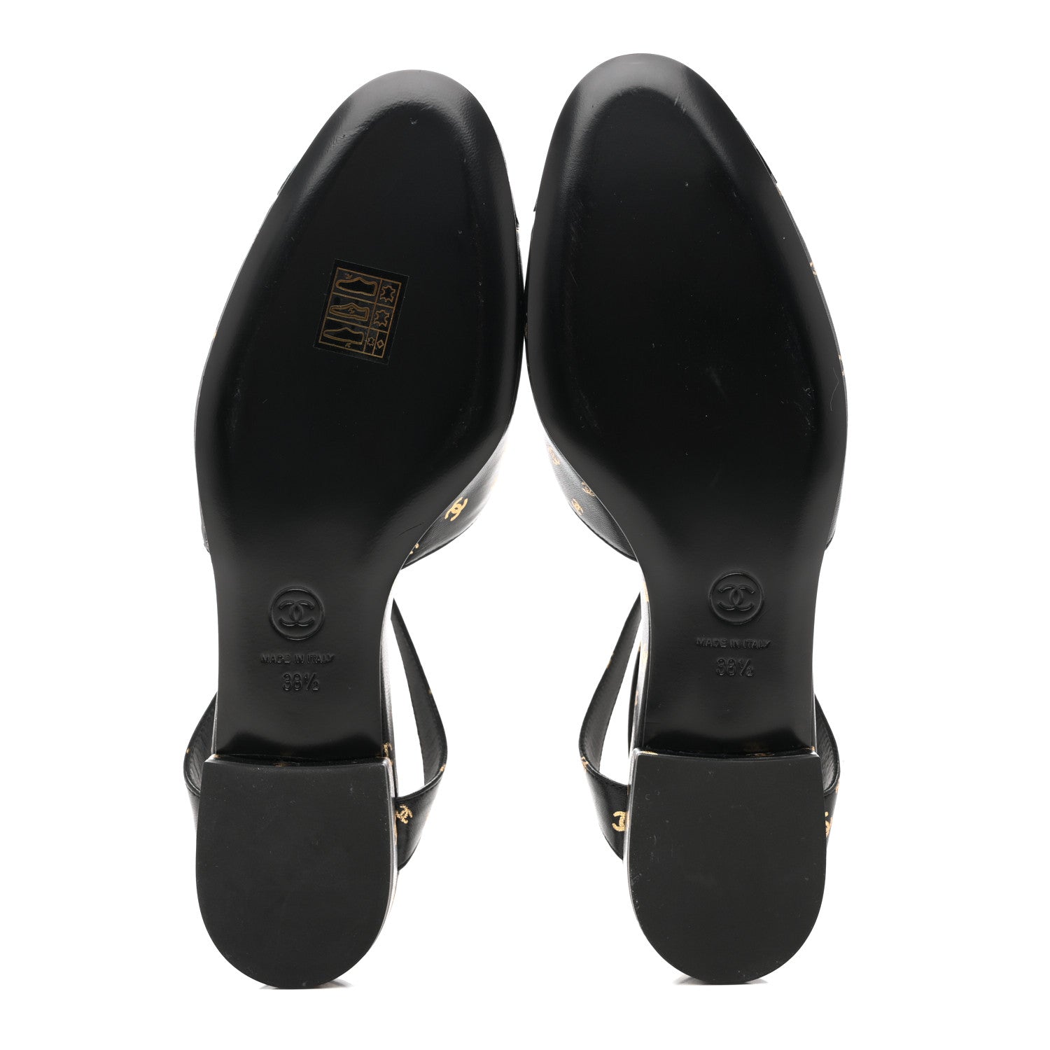 Chanel Printed Lambskin Patent Calfskin CC Slingback Flats 38.5 Black Gold 6 of 10