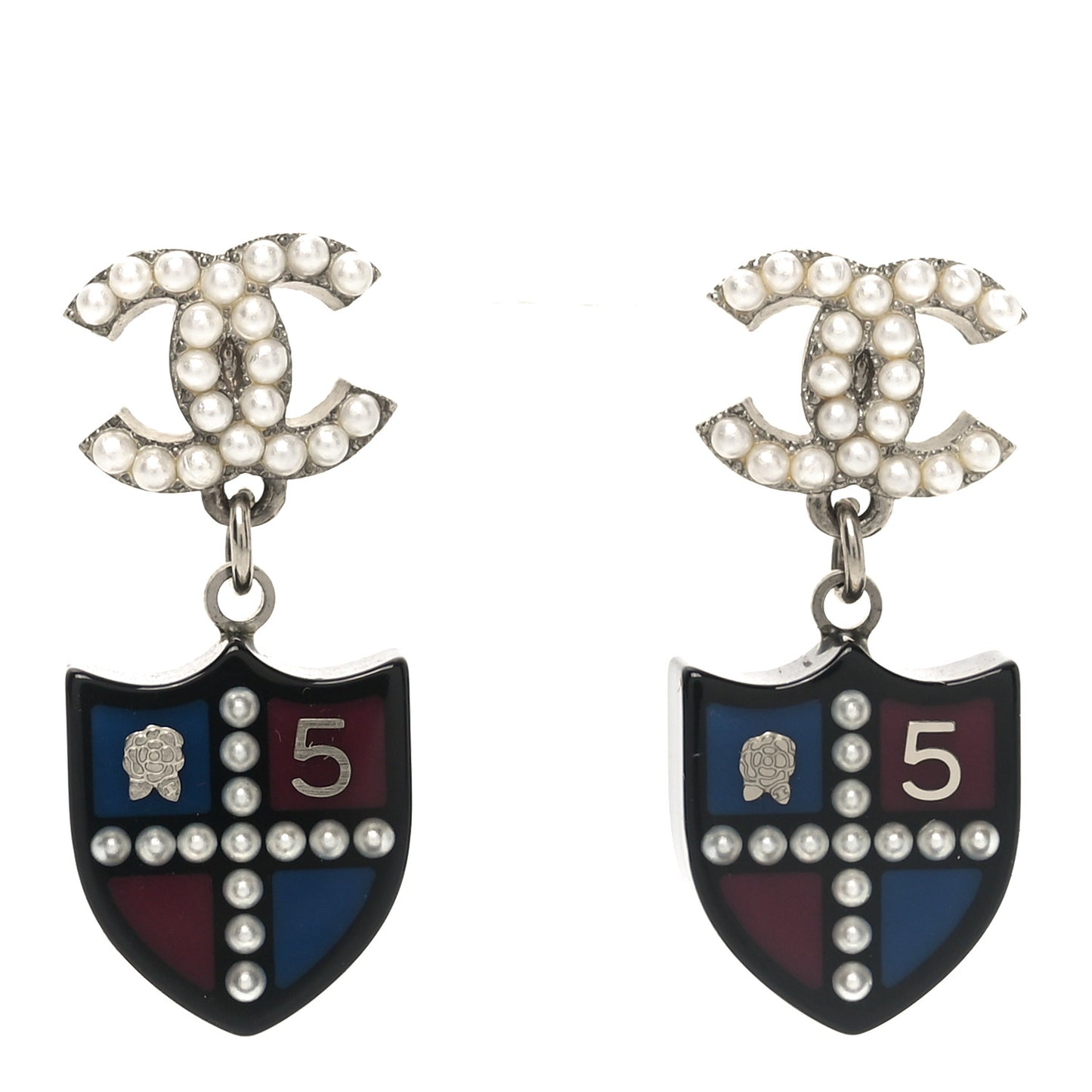 Pearl Enamel CC Shield Drop Earrings Silver