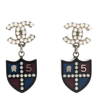 Chanel Pearl Enamel CC Shield Drop Earrings Silver 1 of 4