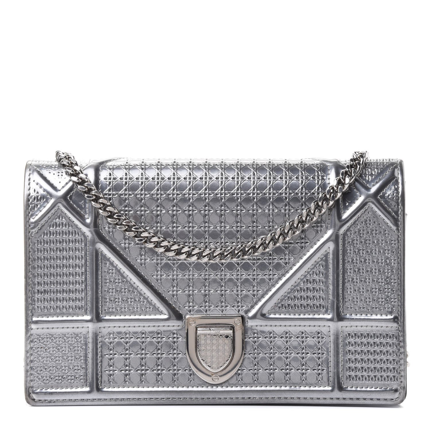 Christian Dior Metallic Patent Micro-Cannage Diorama Wallet on Chain Pouch Silver 1 of 4