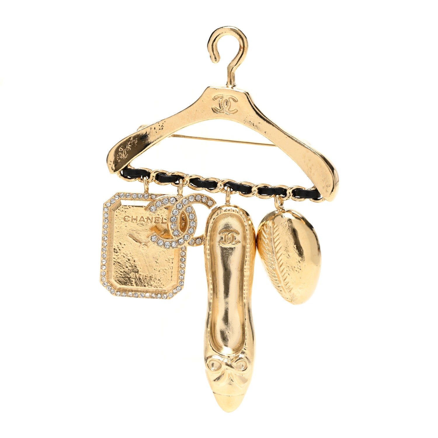Chanel Crystal CC Charms Hanger Brooch Gold Black 1 of 5