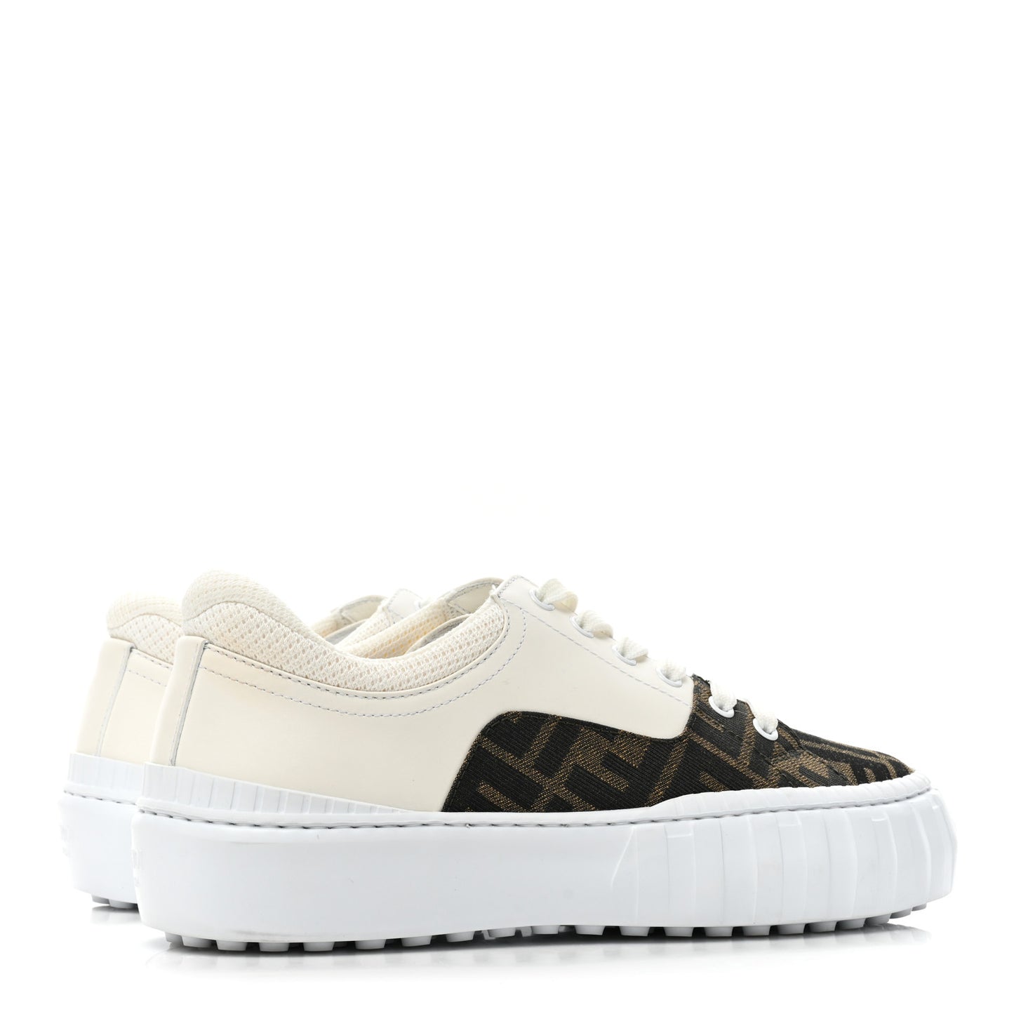Fabric Jacquard Vitello Technical Fabric FF Womens Fendi Force Low Top Sneakers 38 Tobacco Black Ultrawhite White