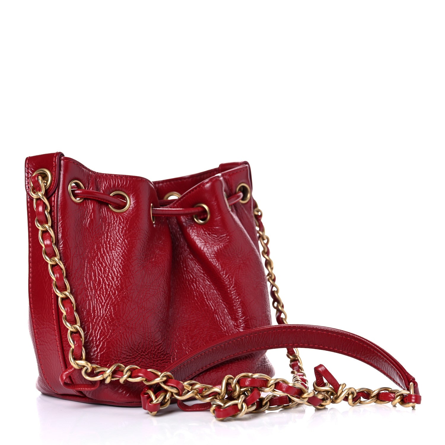 Chanel Shiny Aged Calfskin CC Chain Mini Drawstring Bag Red 3 of 11