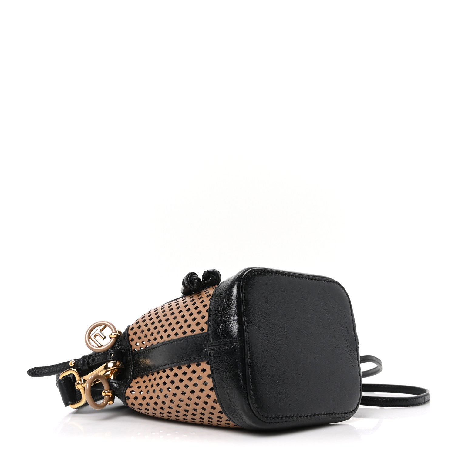 Fendi Vitello Liberty Glossy Lambskin F is Fendi Perforated Mini Mon Tresor Bucket Bag Sand Mimosa Black 4 of 10
