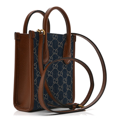 Gucci New Denim GG Monogram Dollar Calfskin Mini Retro Interlocking G Tote Bag Blue Tea Cuir Epilog 3 of 11
