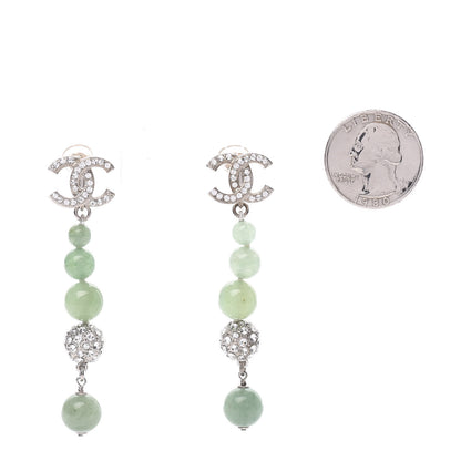 Chanel Crystal Beaded CC Long Drop Earrings Silver Green 2 of 5