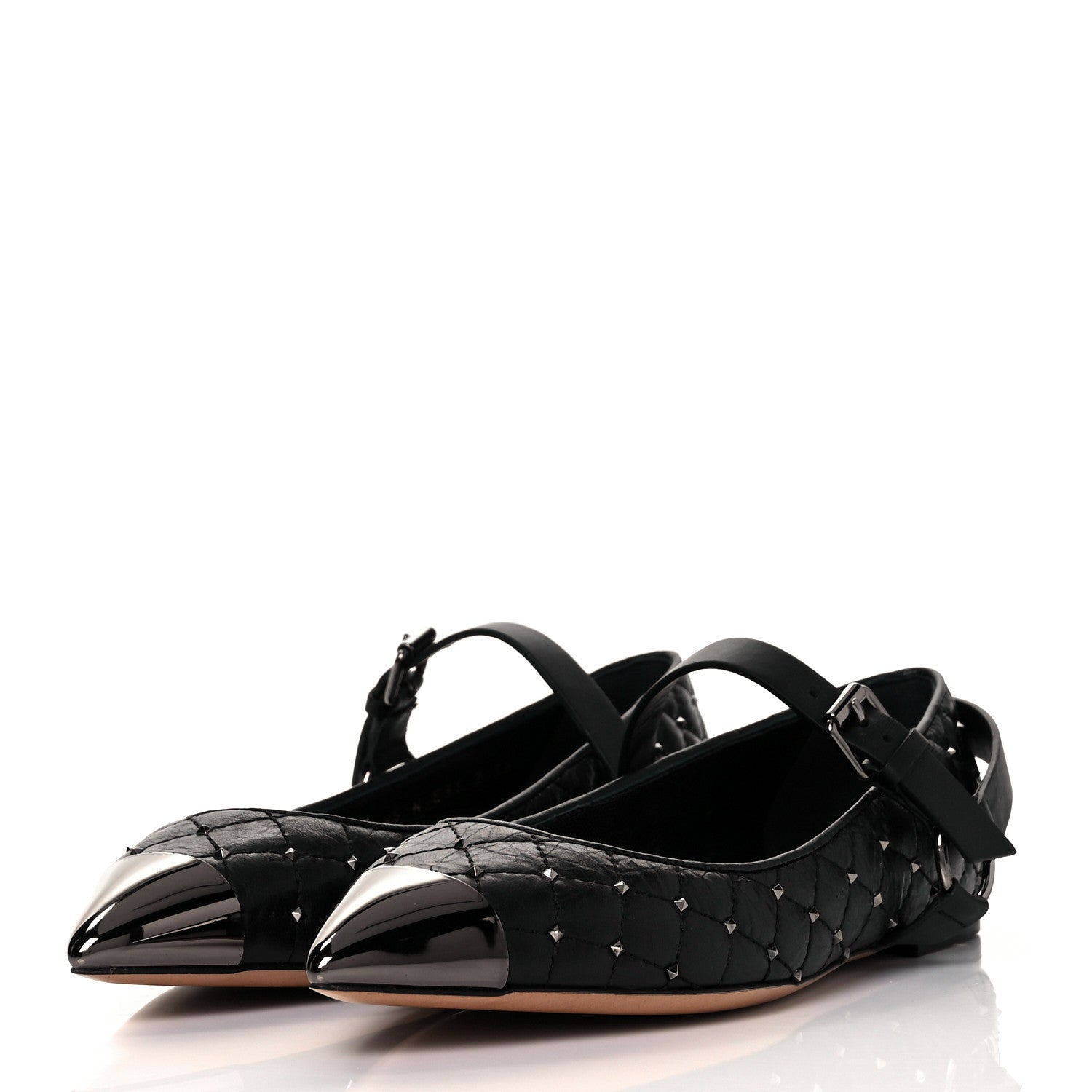 Valentino Garavani Crackled Lambskin Rockstud Spike Captoe Ballerina Flats 36 Black 3 of 9
