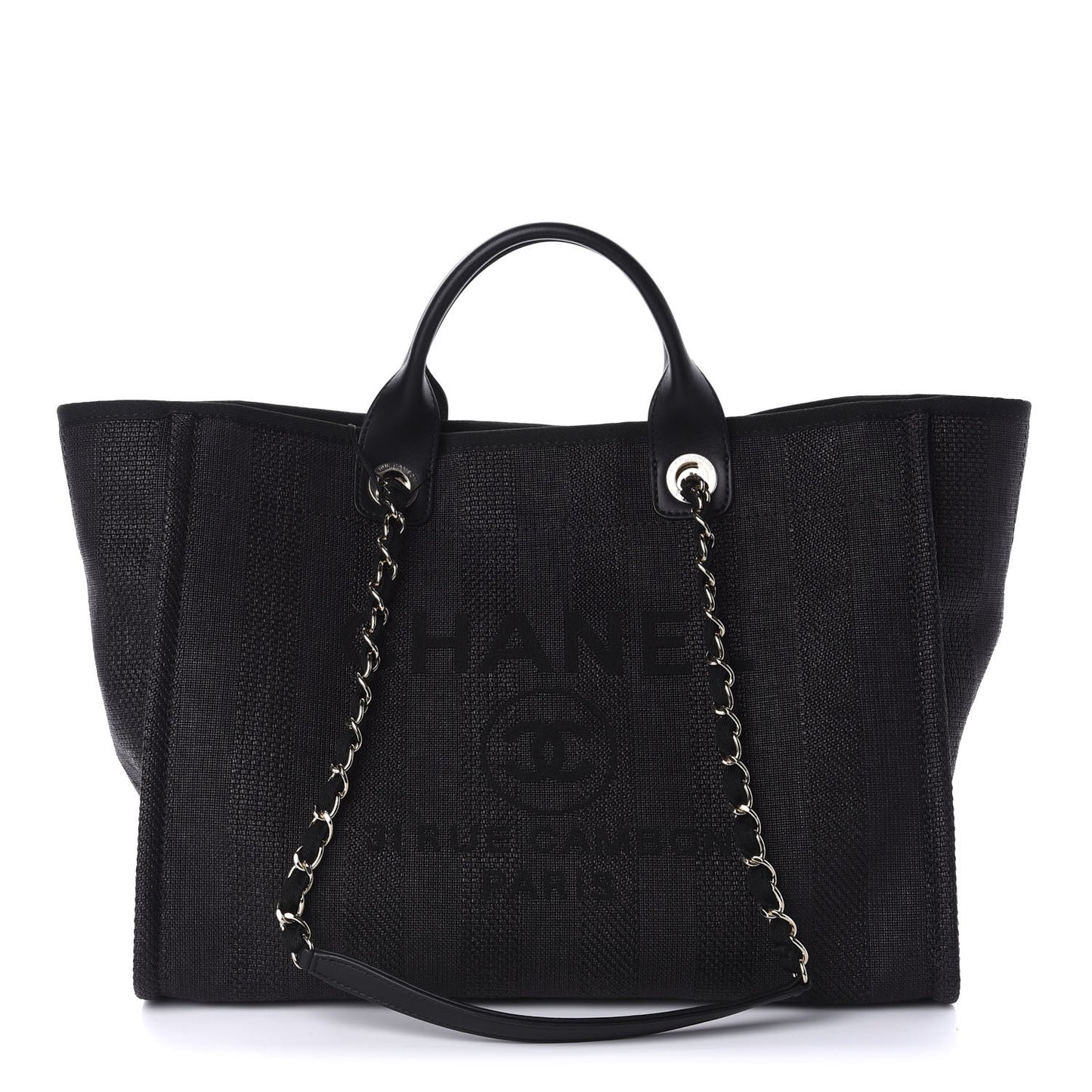 Mixed Fibers Calfskin Striped Medium Deauville Tote Black