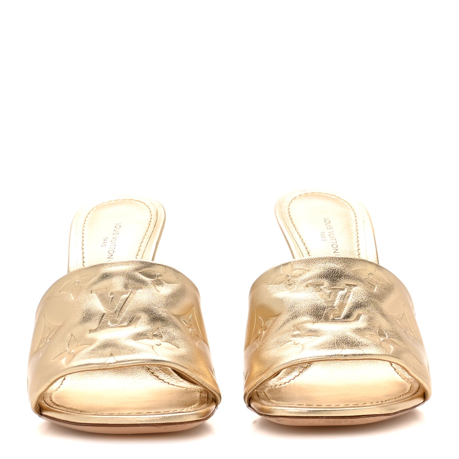 Louis Vuitton Metallic Lambskin Embossed Monogram Revival High Heel Mules 36.5  Gold 3 of 8