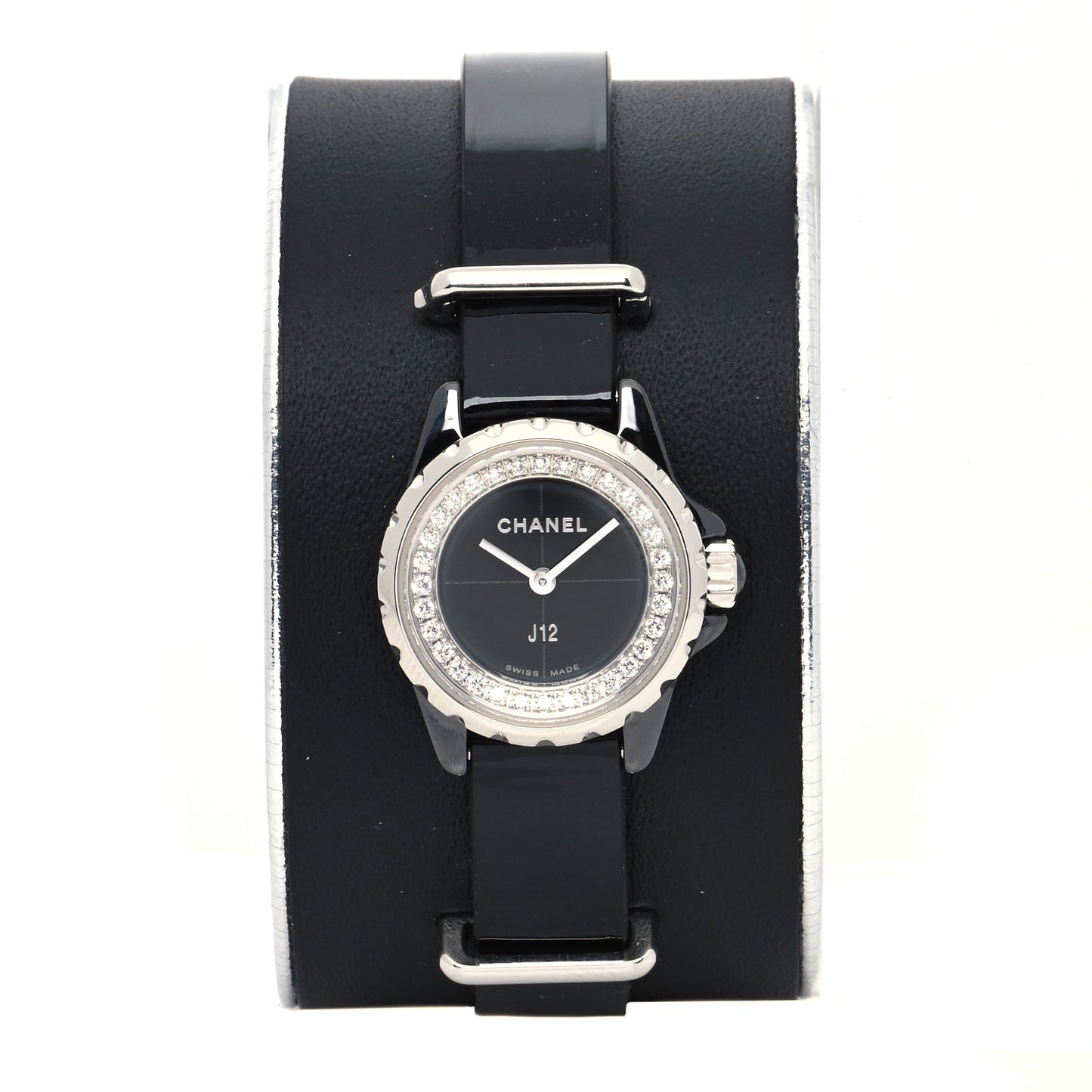 Stainless Steel Calfskin Diamond Bezel 19mm J12 Quartz Watch Black