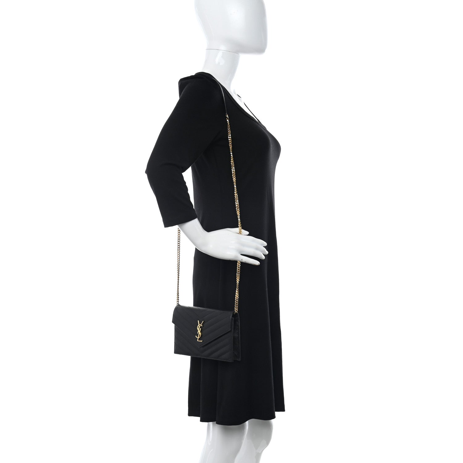 Saint Laurent Grain De Poudre Matelasse Chevron Monogram Monochrome Envelope Chain Wallet Black 2 of 11