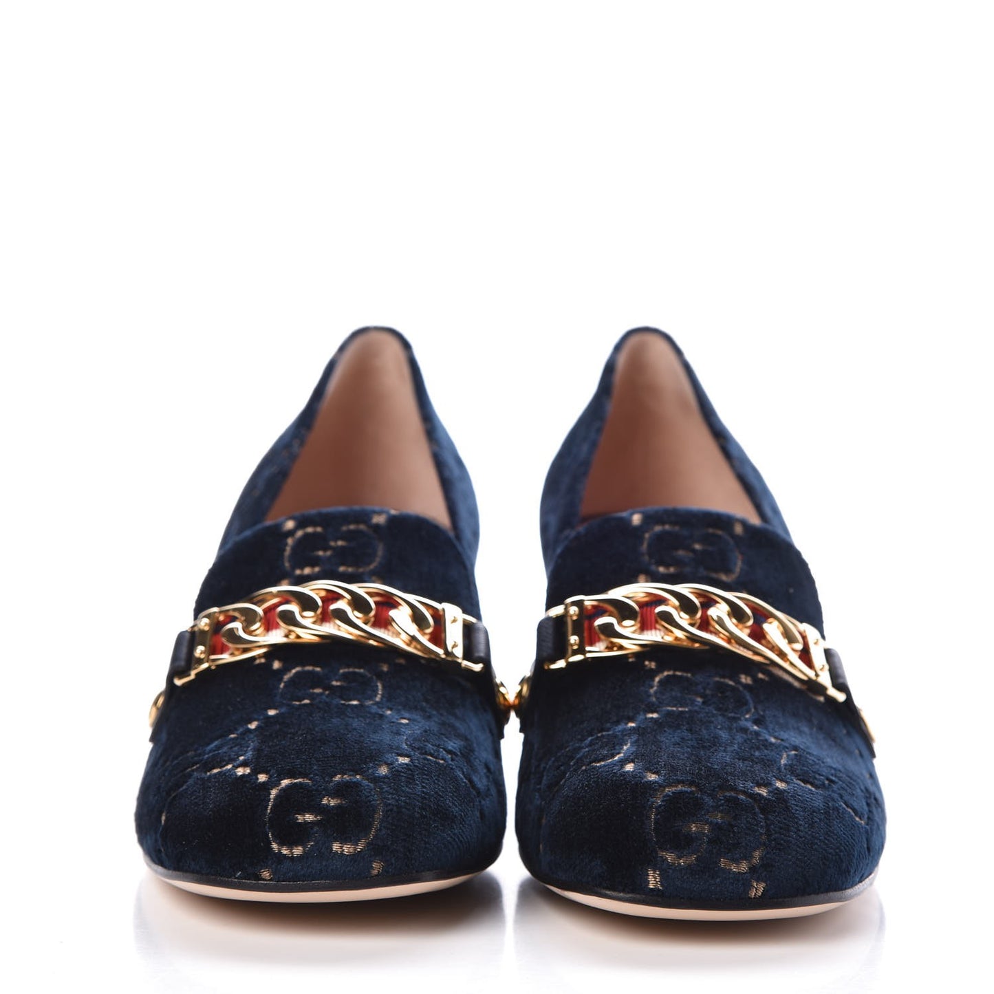 Velvet GG Monogram Sylvie Web Chain Mid Heel Loafers 39 Blue Beige