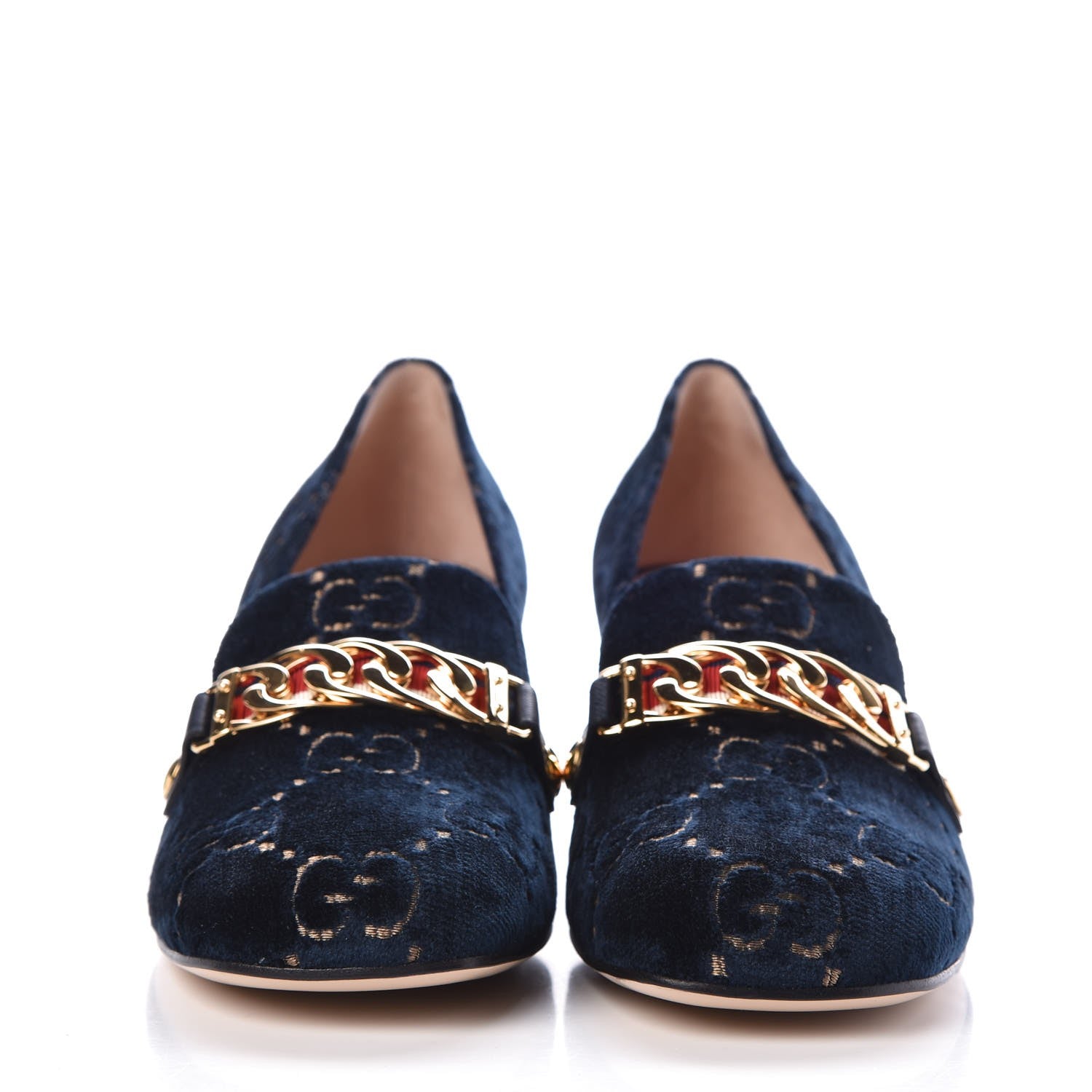 Gucci Velvet GG Monogram Sylvie Web Chain Mid Heel Loafers 39 Blue Beige 2 of 10