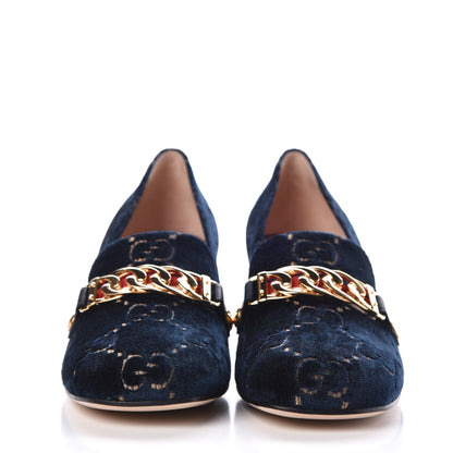 Gucci Velvet GG Monogram Sylvie Web Chain Mid Heel Loafers 39 Blue Beige 2 of 10