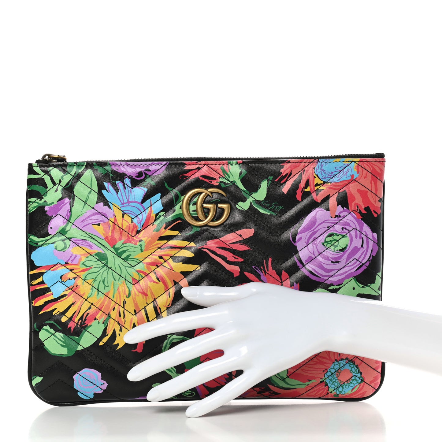 X KEN SCOTT Calfskin Matelasse Floral Print GG Marmont Zip Pouch Black