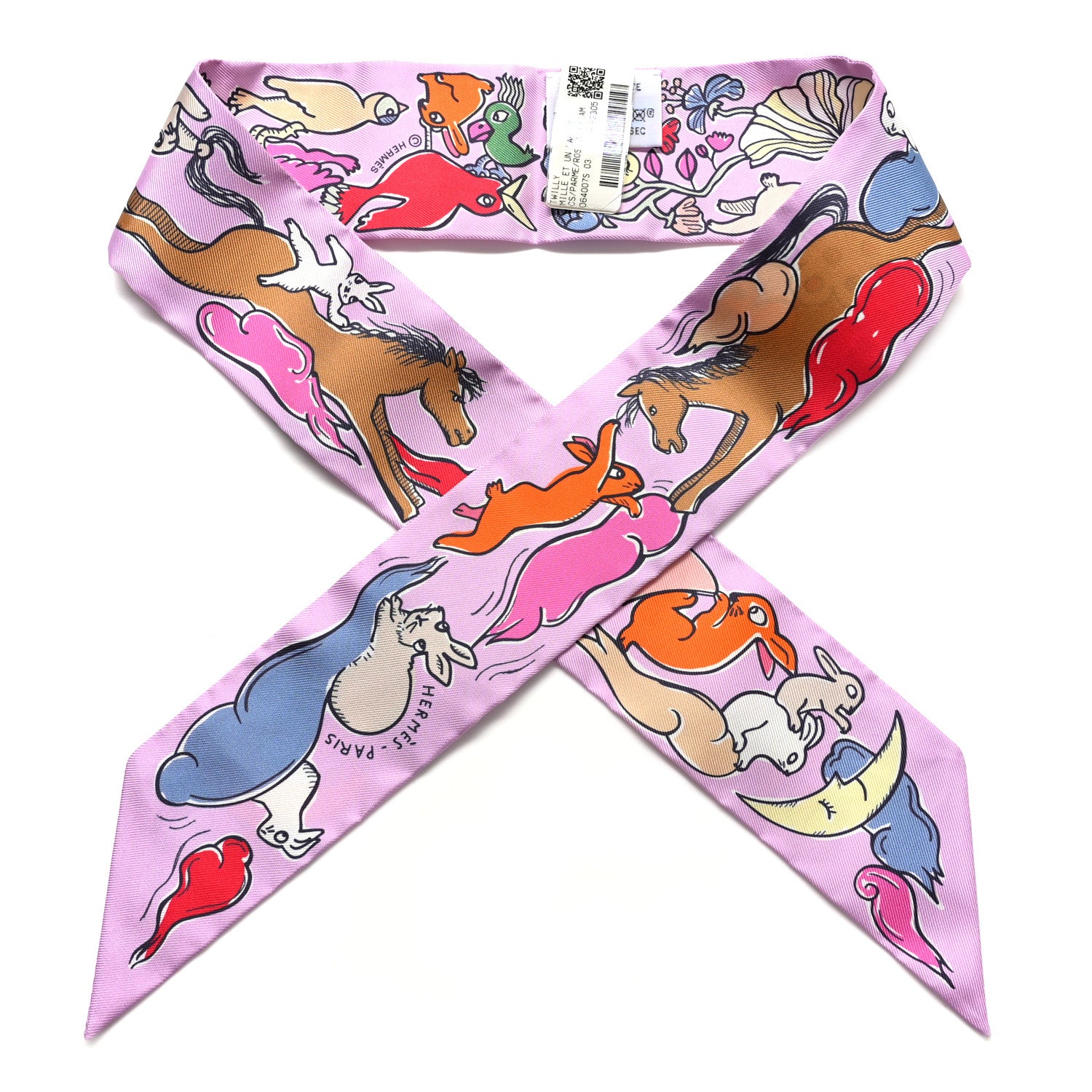 Hermes Silk Mille Et Un Lapins Twilly Parme Rouge Vif Camel 1 of 5