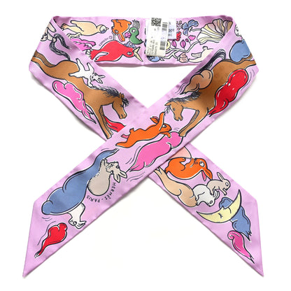 Hermes Silk Mille Et Un Lapins Twilly Parme Rouge Vif Camel 1 of 5