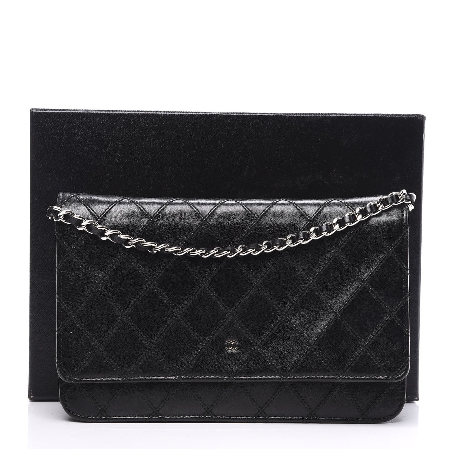 Lambskin Diamond Stitched Wallet On Chain WOC Black