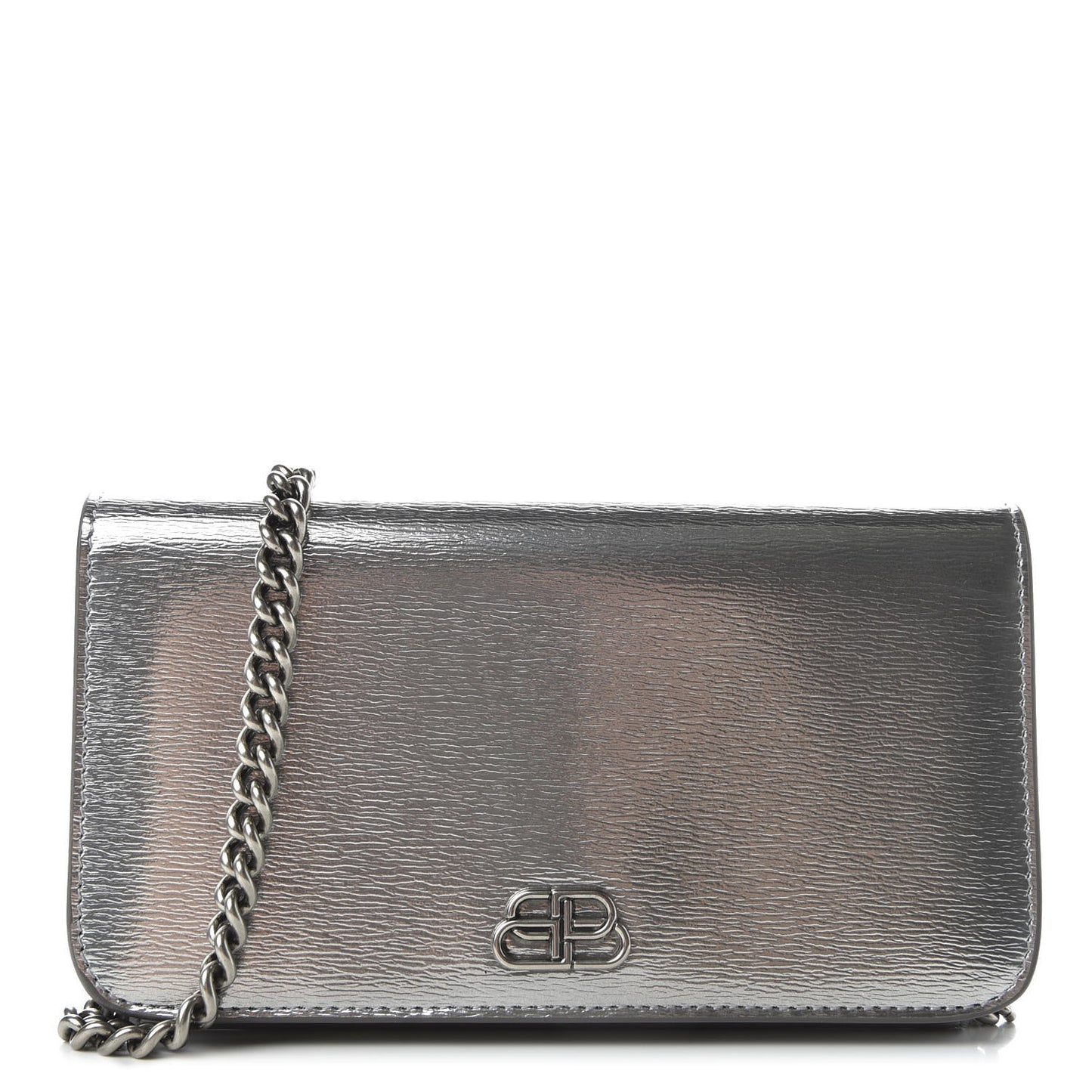 Metallic Grained Calfskin BB Phone Holder Wallet On Chain Silver