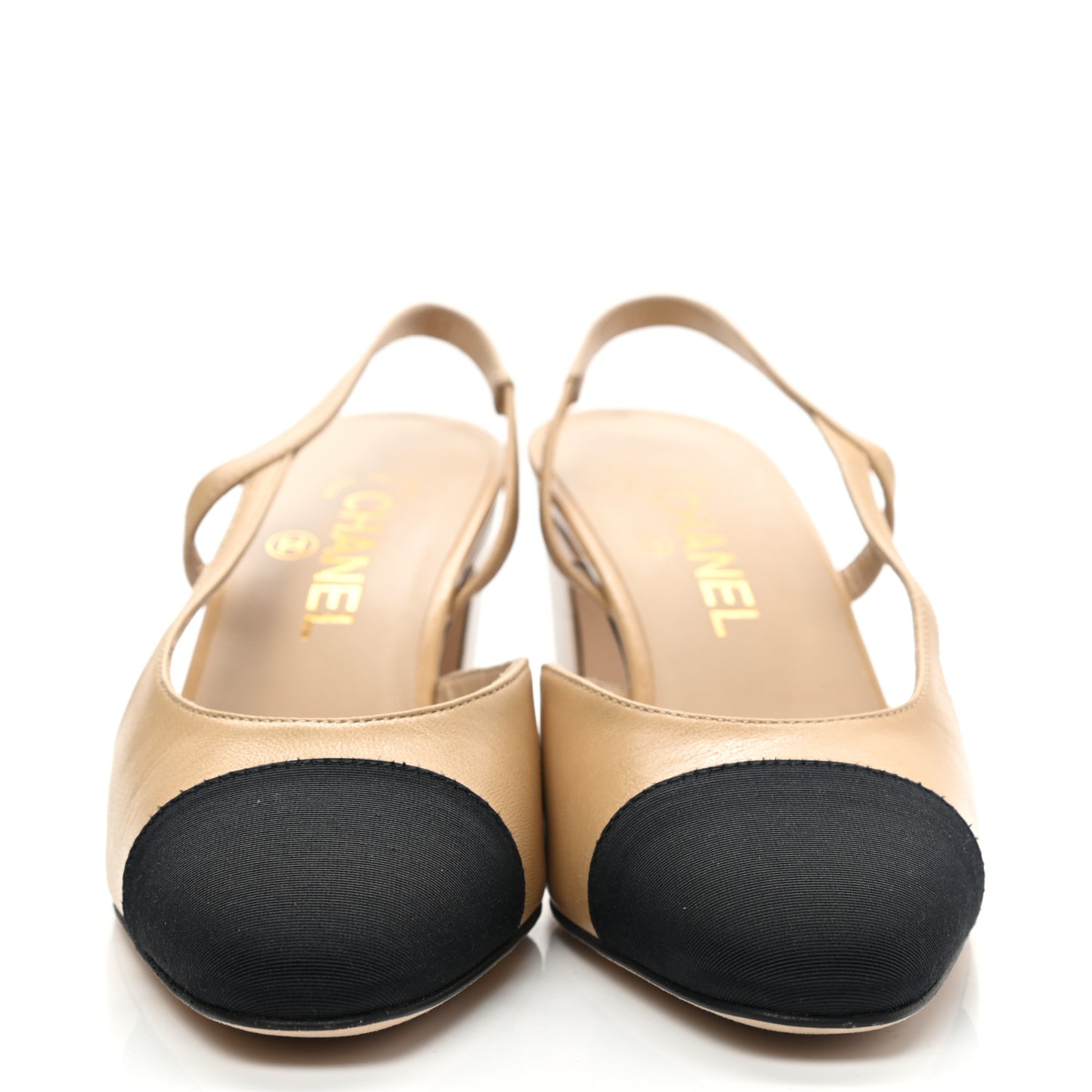 Goatskin Grosgrain Cap Toe CC Slingback Pumps 38.5 Beige Black