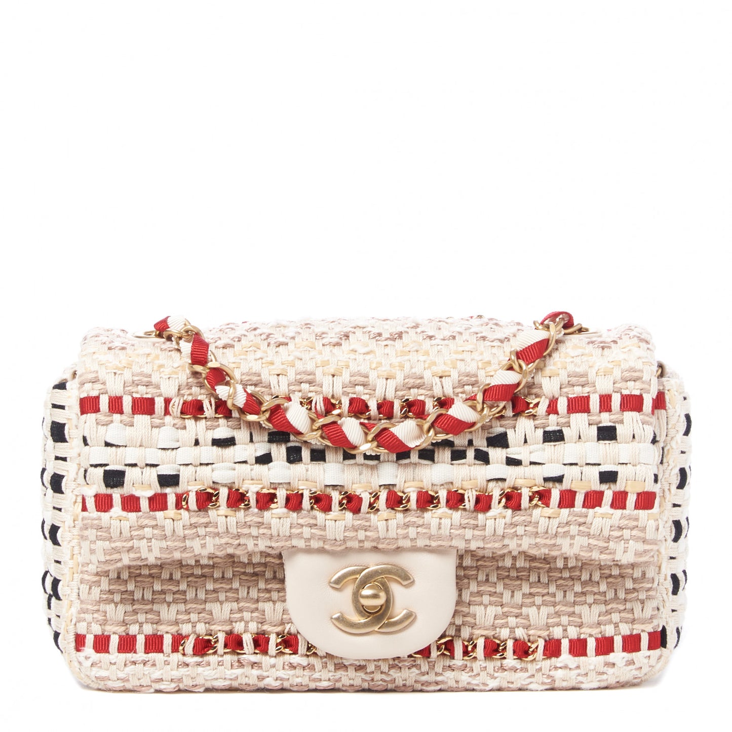 Cotton Raffia Lambskin Woven Mini Rectangular Flap Beige Red Black