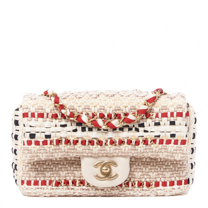 Chanel Cotton Raffia Lambskin Woven Mini Rectangular Flap Beige Red Black 1 of 9