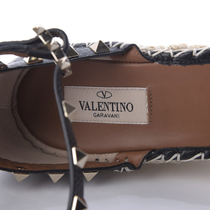 Valentino Garavani Grained Calfskin Rockstud Ankle Strap Espadrille 15/105mm Wedge Sandals 41 Black Light Cuir Natural 7 of 8