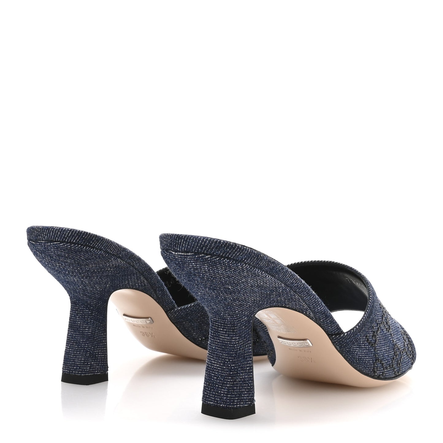 Denim Crystal GG Monogram Mules 38.5 Blue