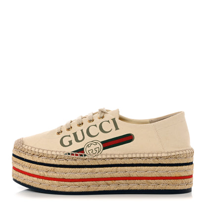 Gucci Canvas Logo Lace-Up Platform Espadrilles 38 Greggio Grege 1 of 13