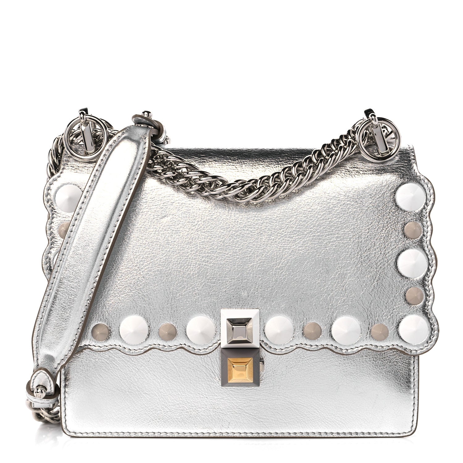 Fendi Vitello Catalan Mirror Scalloped Multi Studded Small Kan I Shoulder Bag Argento 1 of 11