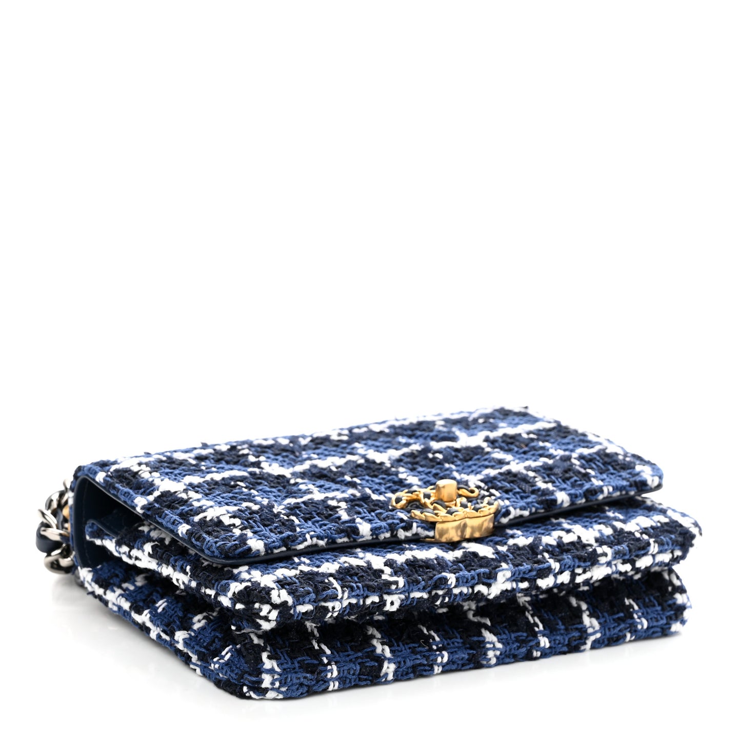 Tweed Quilted Chanel 19 Wallet On Chain WOC Blue White Navy Blue