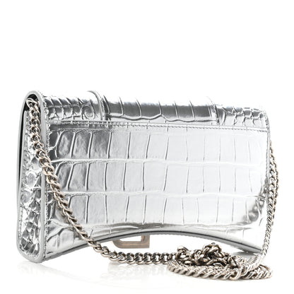 Balenciaga Metallic Calfskin Crocodile Embossed Hourglass Chain Bag Silver 3 of 11