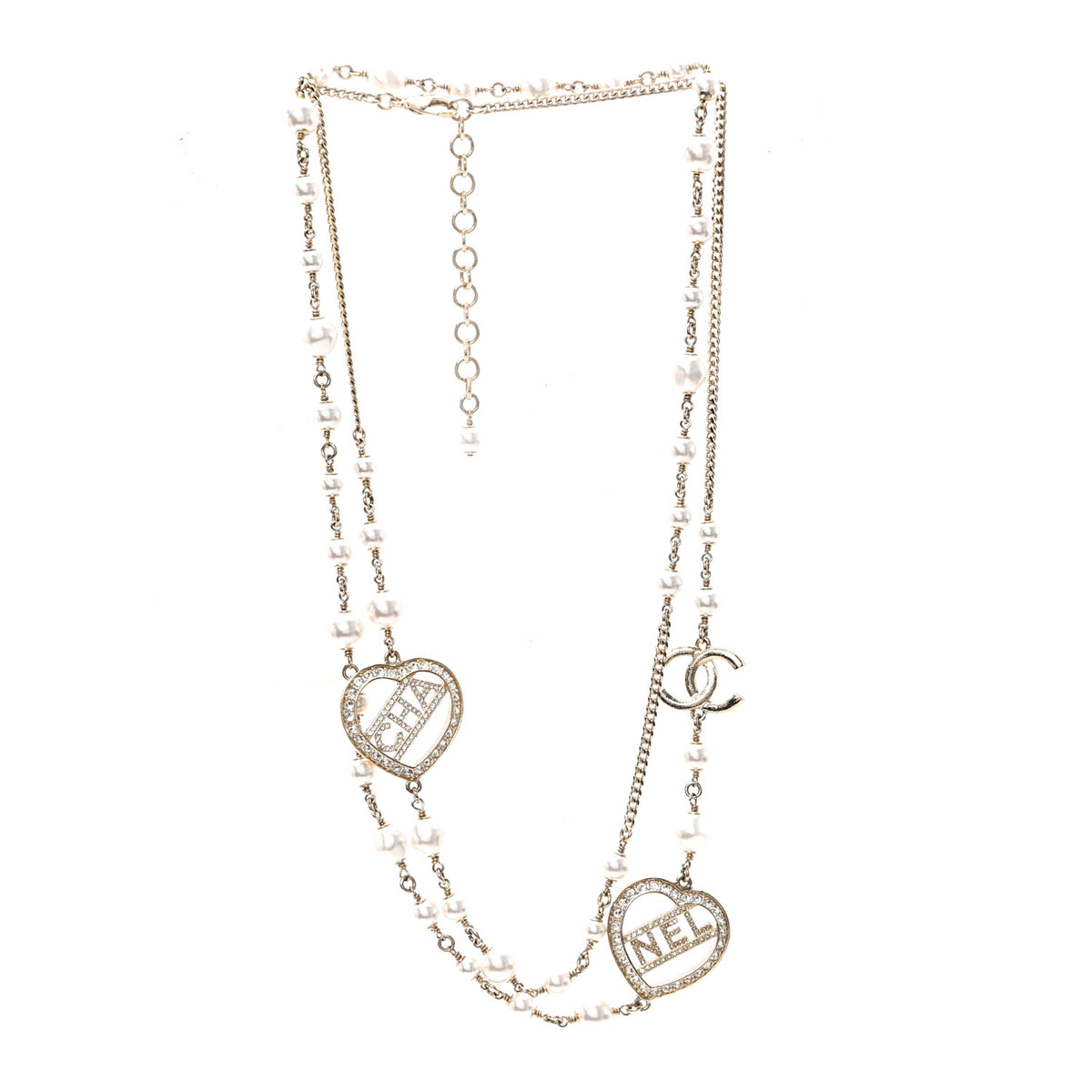 Crystal Pearl Heart CC Long Necklace Gold