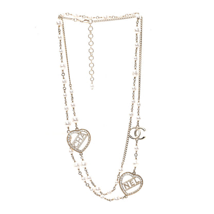 Chanel Crystal Pearl Heart CC Long Necklace Gold 3 of 5