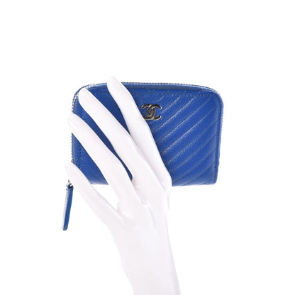 Chanel Caviar Chevron Quilted Zip Around Coin Purse Blue 2 of 7