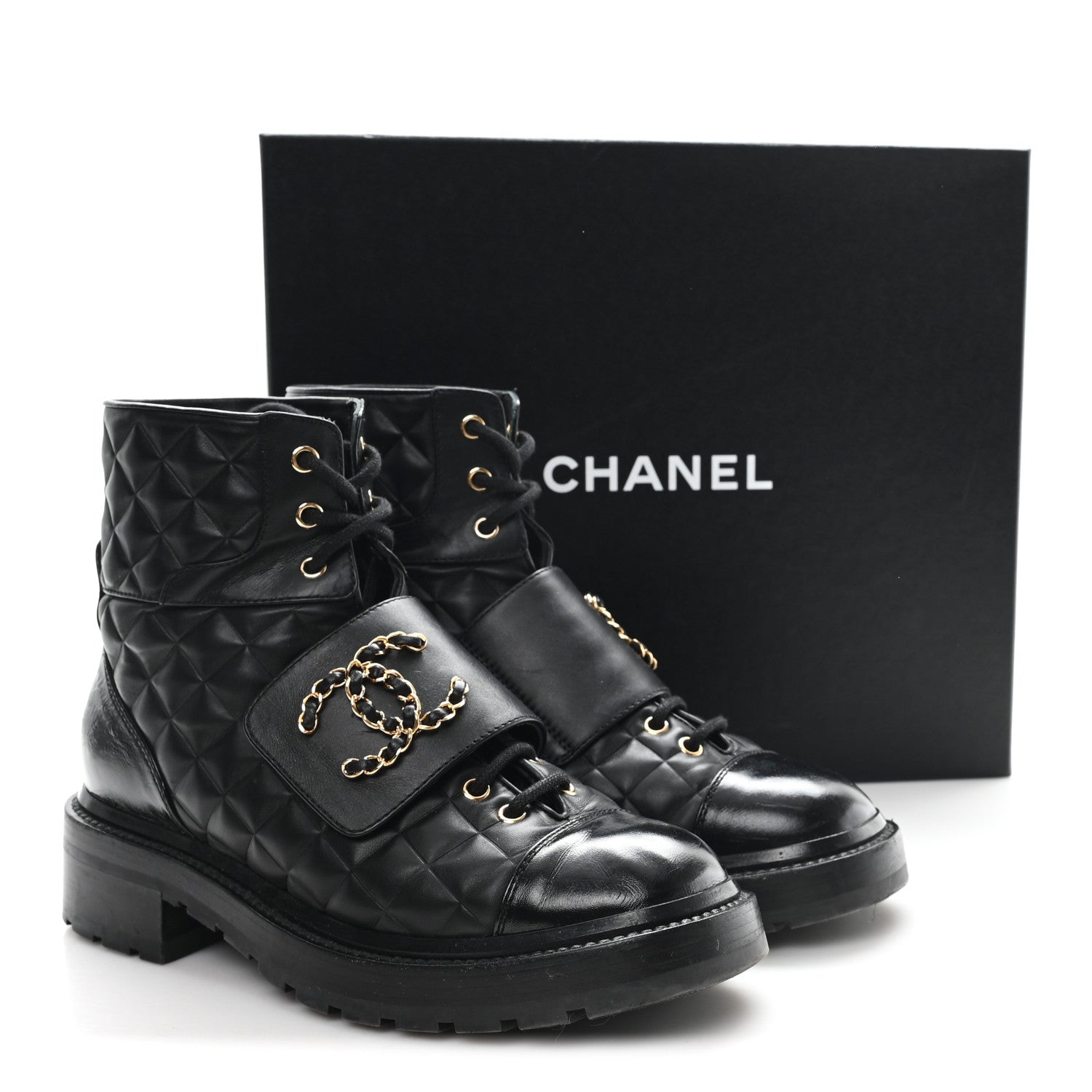 Chanel Shiny Calfskin Quilted Lace Up Combat Boots 38.5 Black 10 of 11