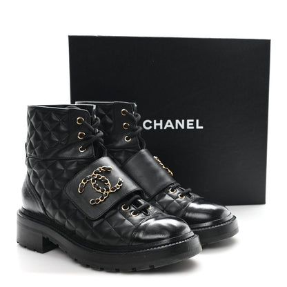 Chanel Shiny Calfskin Quilted Lace Up Combat Boots 38.5 Black 10 of 11