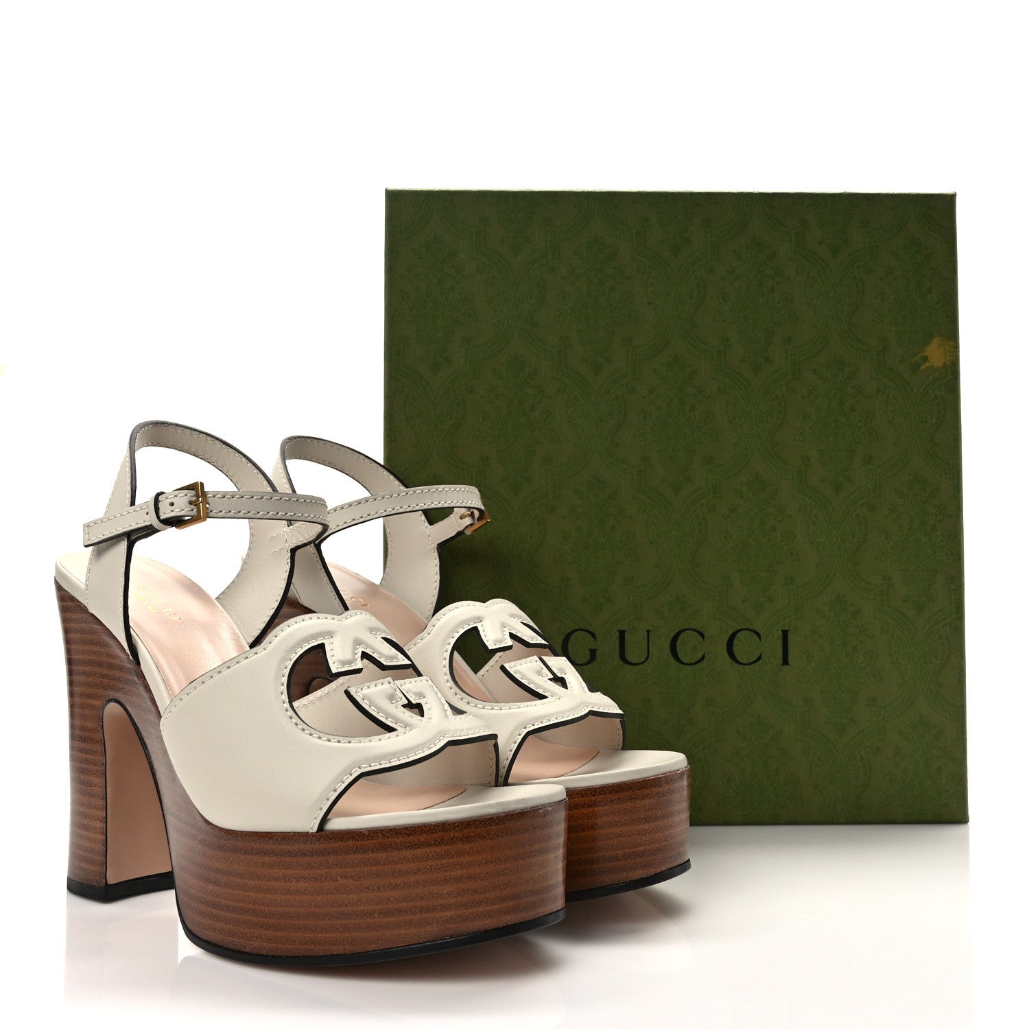 Gucci Cosmos Softy Calfskin Wooden Interlocking G Cut-Out 30/120mm Platform Sandals 39 Mystic White 8 of 8