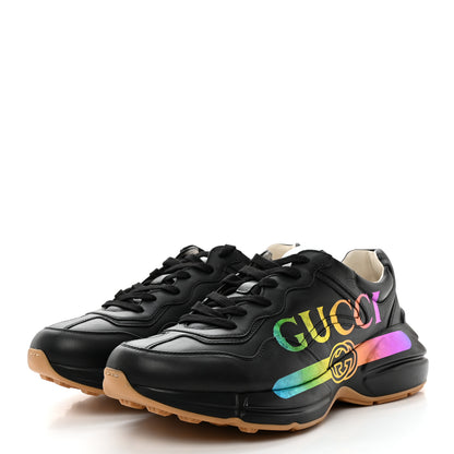 Gucci Calfskin Iridescent Logo Mens Rhyton Sneakers 10 Black 3 of 15