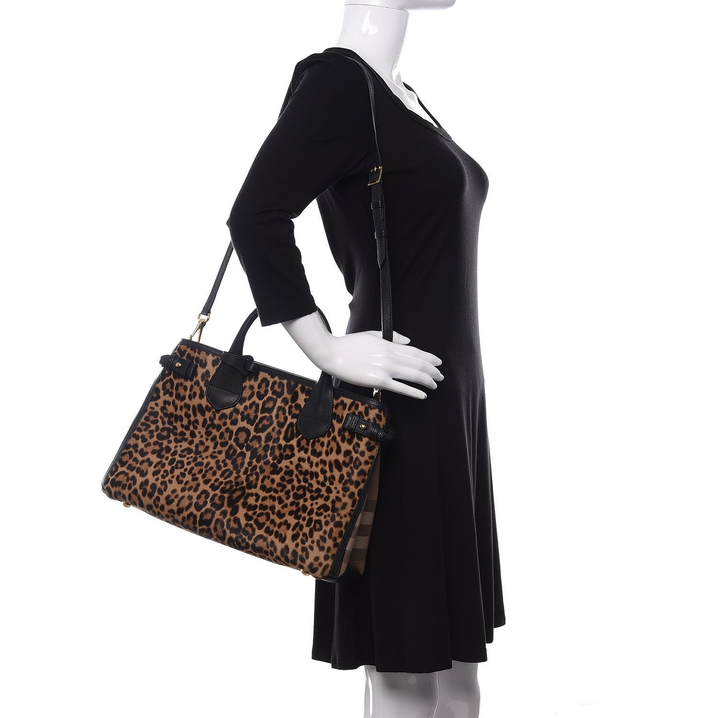 Calf Hair Leopard Print House Check Medium Banner Tote Black