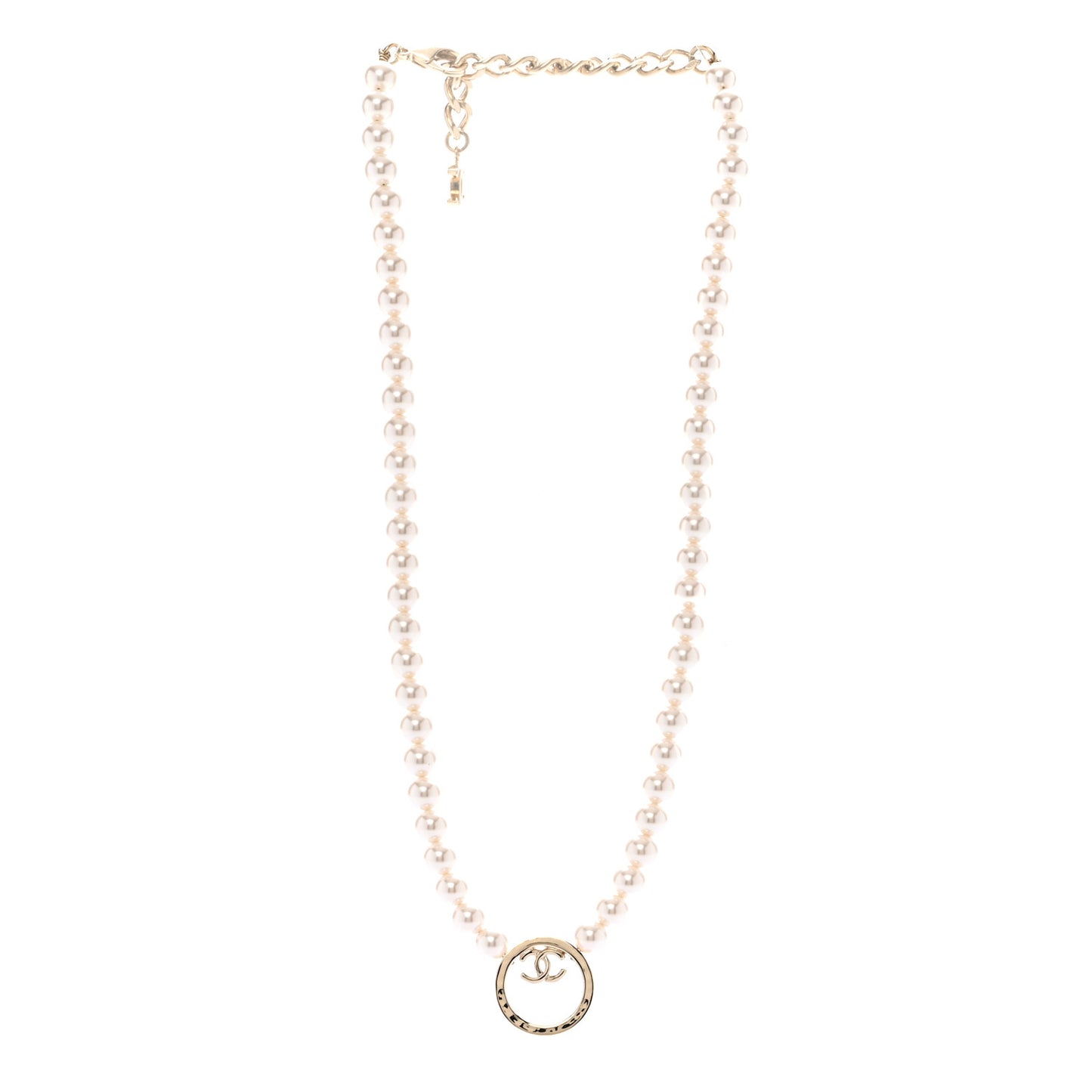 Pearl CC Round Long Necklace Gold White