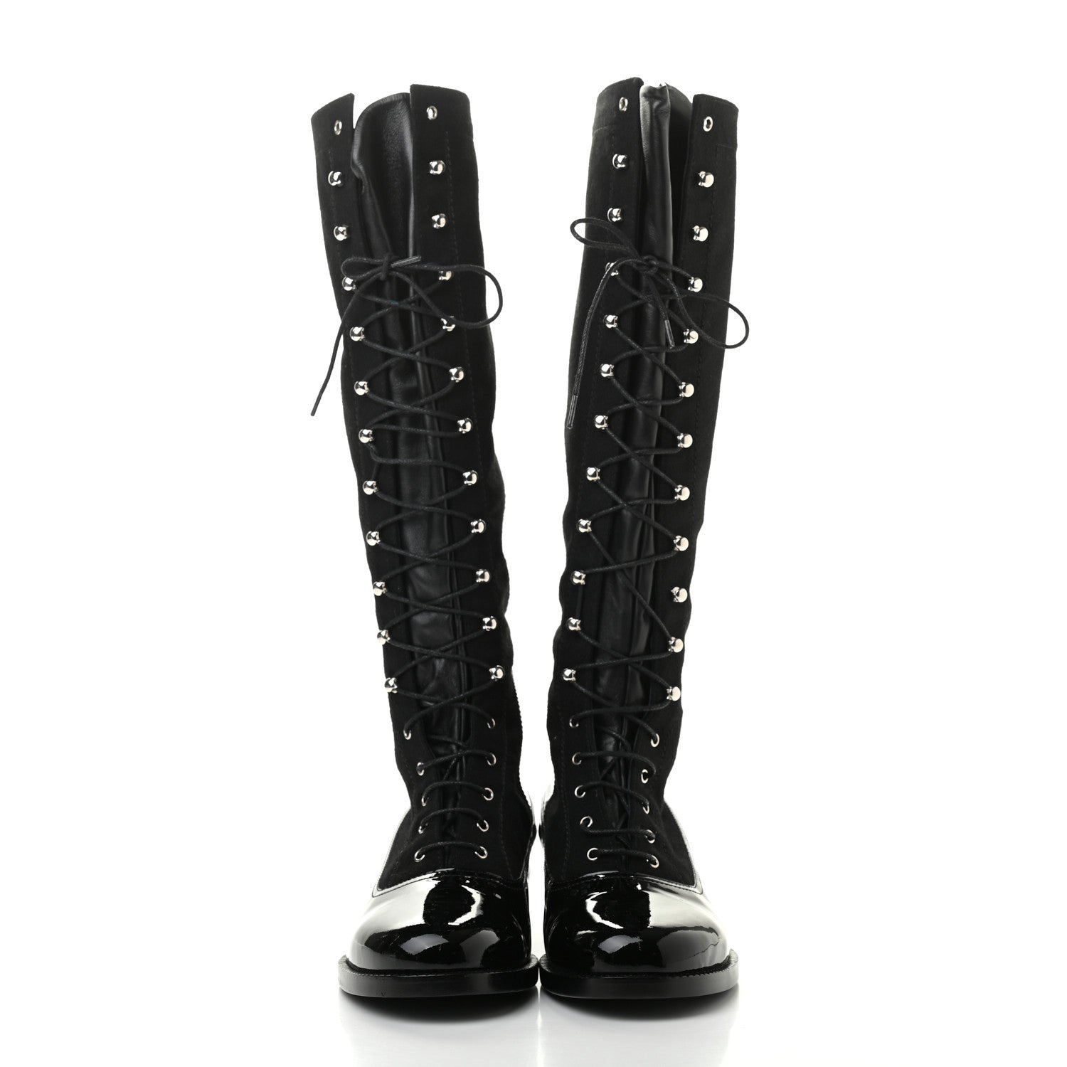 Chanel Wool Patent Cap Toe Lace Up High Boots 38 Black 2 of 11