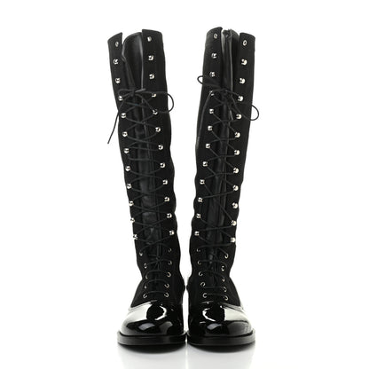 Chanel Wool Patent Cap Toe Lace Up High Boots 38 Black 2 of 11