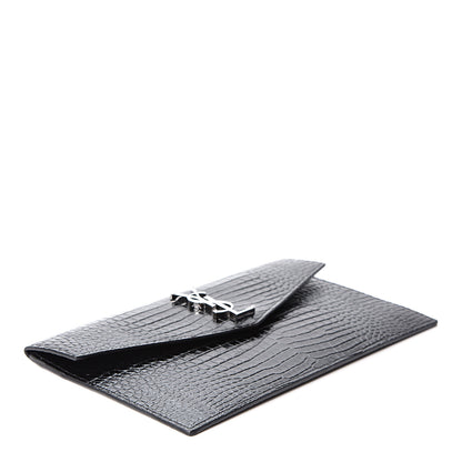 Saint Laurent Calfskin Crocodile Embossed Uptown Monogram Clutch Black 3 of 9